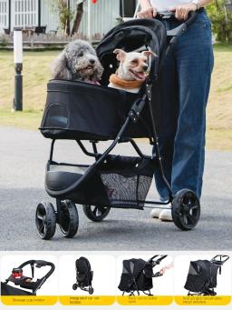 Carrinho dobrável do cão com assento destacável e dossel ajustável, perfeito para cães pequenos e médios - Image 2