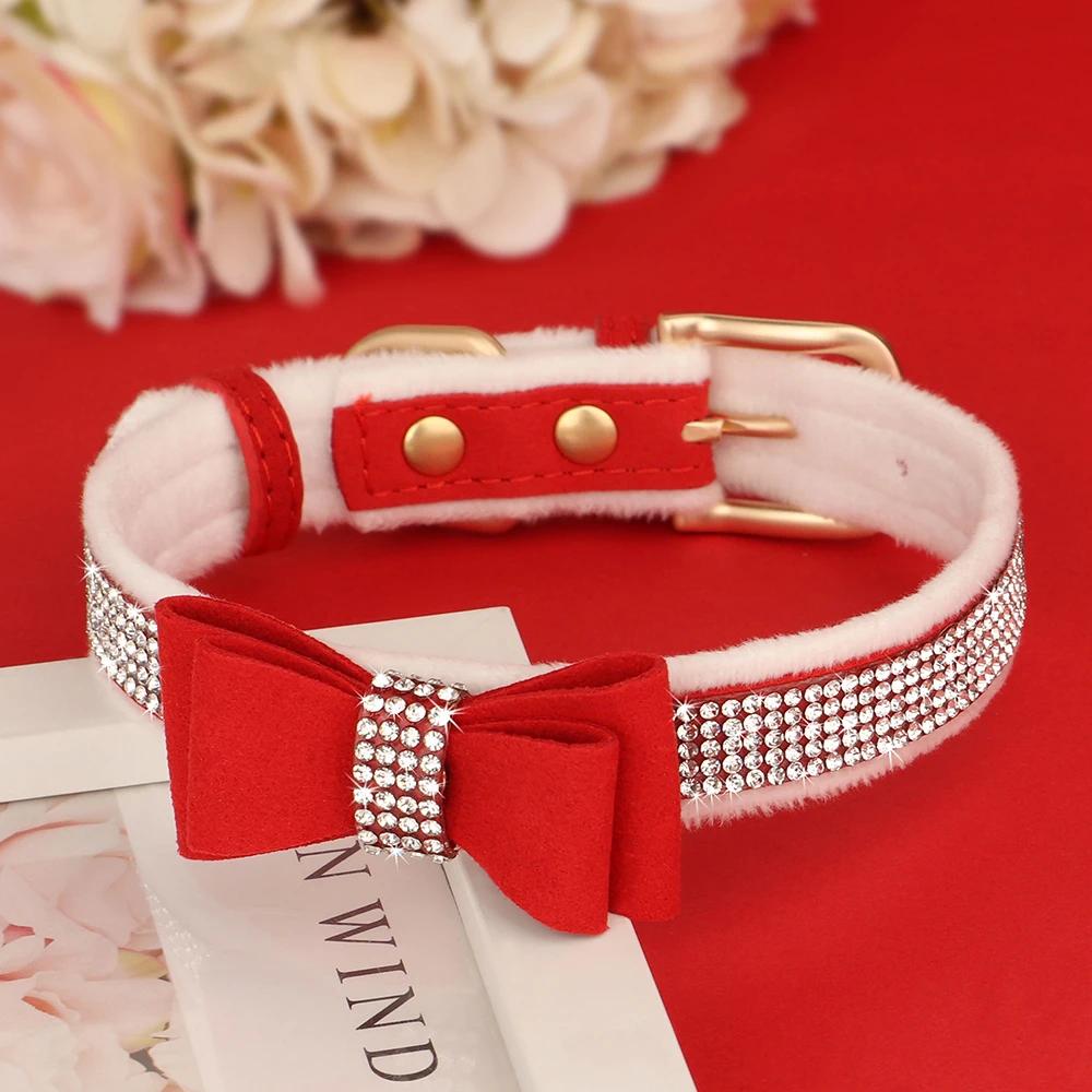 Coleira de pele quente para cachorro, coleira de couro de camurça para cachorro, gravata borboleta com strass, colar para animais de estimação para cães pequenos e médios, gatos, chihuahua - Image 1