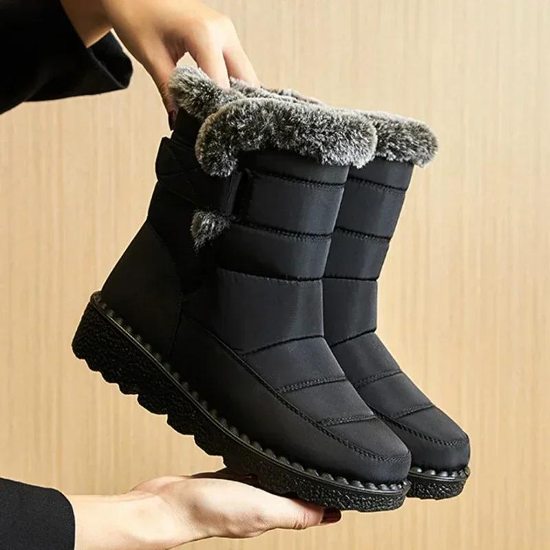 Botas de inverno à prova dwaterproof água para as mulheres 2025 nova pele do falso longo pelúcia botas de neve mulher sapatos plataforma algodão quente casais tornozelo botas - Image 1