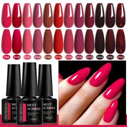 MEET ACROSS 7ml Série Vermelha Gel Unha Polonês Glitter Vermelho Inverno Verniz Da Arte Do Prego Semi Permanente Soak Off Gel UV Para Unhas - Image 5