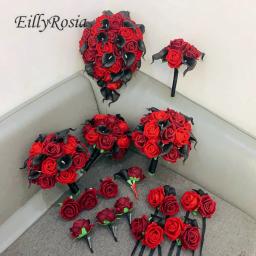 EillyRosia-Wedding Flores Acessórios Set, Bouquet de dama de honra e Boutonnieres do noivo, preto e vermelho, Borgonha - Image 1