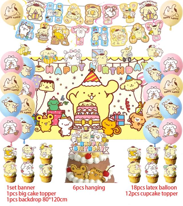 Decoração Completa para Festa de Aniversário Pom Pom Purin: Balões, Banner, Fundo, Bolo Topper e Fontes para Baby Shower