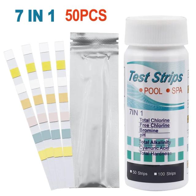 Tiras de Teste 7 em 1 para Qualidade da Água em Aquários, Tanques, Piscinas e Spas - 50 ou 100 Peças para Medição de Cloro, pH e Bromo