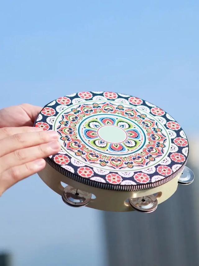 Tamborim de Aço Inoxidável com Sinos no Estilo Dunhuang - Instrumento Musical de Percussão Red Flower Orff 8"