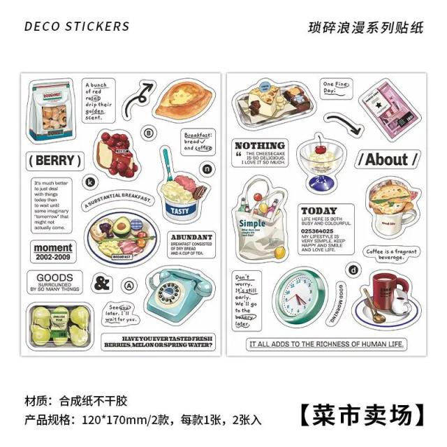 Adesivos vintage para decoração de scrapbook com temática de comidas fofas, vegetais, frutas e bolos, 2 folhas por pacote