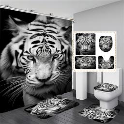 Cortinas De Chuveiro Impressas 3D, Conjunto De Cortinas De Banheiro, Tampa Do Toalete, Tapete De Banho, Tapetes, Animal Preto, Leão, Leopardo e Tigre - Image 4
