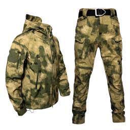 Conjunto de jaqueta impermeável com capuz, casca macia, pele de tubarão, calças de carga à prova de vento, terno multi-bolsos, uniformes, 2 peças - Image 4