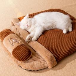 Saco de dormir quente removível para animais de estimação, meia cama fechada do gato, almofada do ninho do inverno com descanso, novo - Image 3