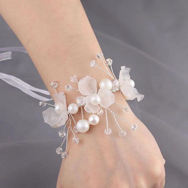 Flor de pulso com strass e pérola para meninas - Acessório encantador de renda para casamentos e bailes de dama de honra