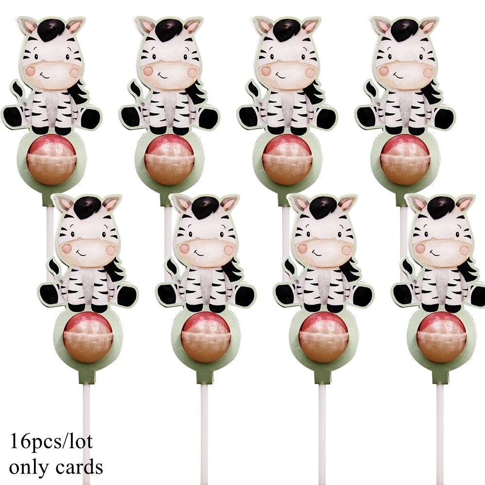 Animal-like pirulito cartões para crianças, suporte de doces, selva, safari, feliz aniversário, suprimentos de decoração, 16pcs - Image 4