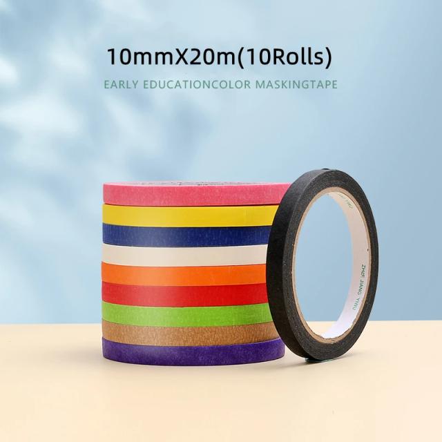 Rolo de Fita Adesiva Colorida para Artesanato Infantil - DIY, Larguras de 5mm, 8mm, 10mm, 20m, Pacote com 10 Peças