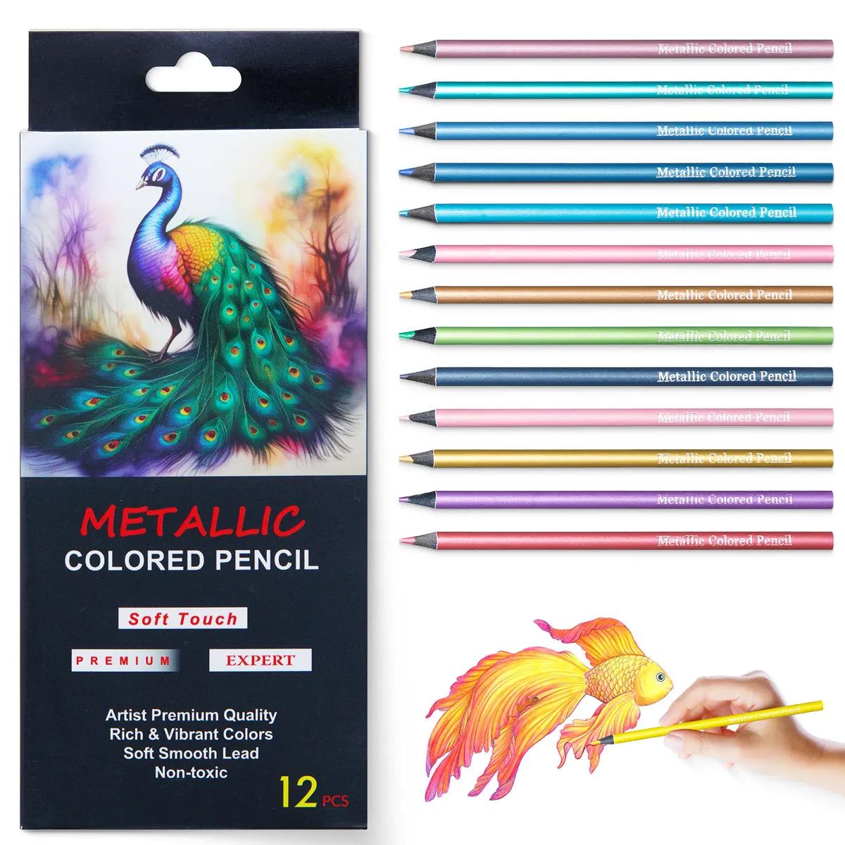 Conjunto de lápis colorido metálico, Desenho e esboçar, Arte DIY Suprimentos, Colorir, Pintura Home, 12 cores, 24 cores - Image 1