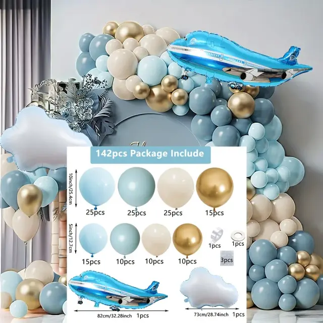 Decoração Completa de Festa: Conjunto de 142 Balões e Guirlanda com Temática de Avião e Nuvem para Aniversário, Casamento e Graduação