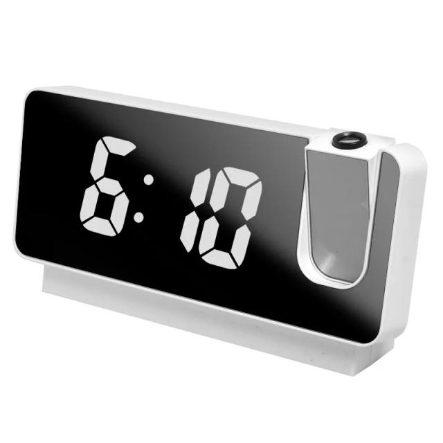 Relógio de Mesa LED Digital com Projeção 180°, Função USB, Modo Noturno, Temperatura e Umidade, Soneca e Formato 12/24h