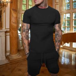 Conjunto de camiseta de manga curta e shorts de treino masculino, terno esportivo, ginásio fitness, sólido, verão, 2 peças, 2022 - Image 4