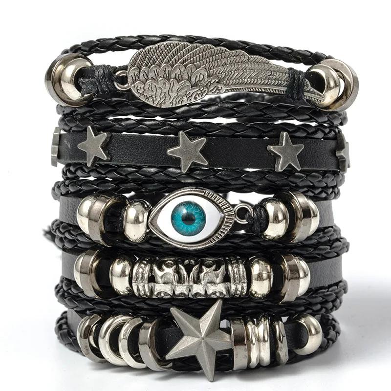 Pulseira de liga em forma de estrela do crânio do punk, couro PU, preto, 6pcs - Image 1