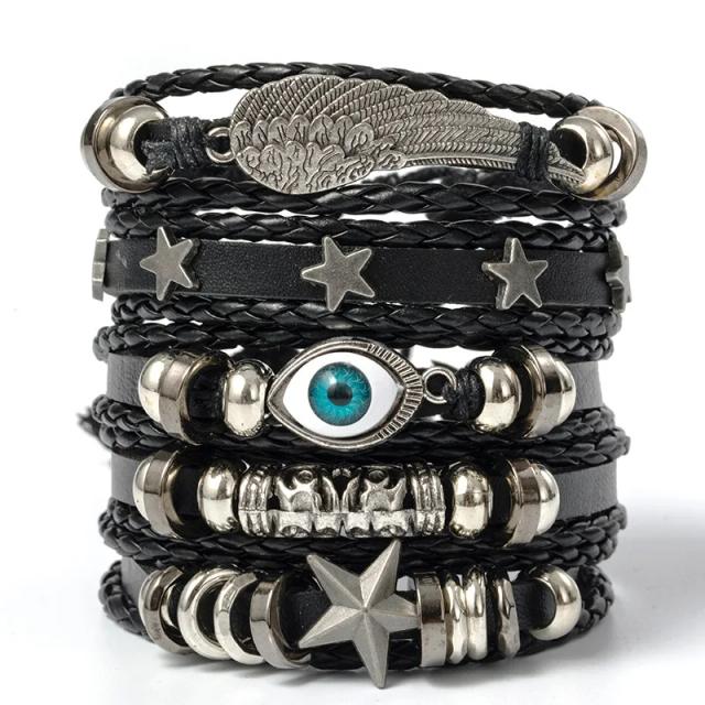 Pulseira Punk em Couro PU Preto com Estrelas e Crânios - Conjunto com 6 Peças