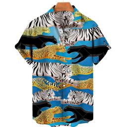 Camisa estampada de leão cão selvagem masculina, estampa de cachorro bonito, camisa de manga curta, top aberto masculino de lapela, tecido confortável - Image 2