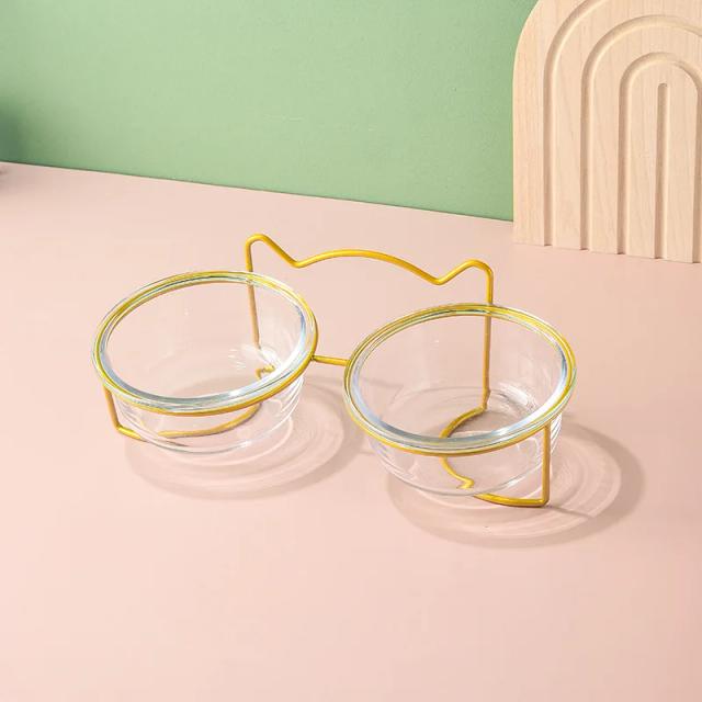 Prato Duplo em Vidro Transparente para Comida, Metal Elevado para Cães, Carrinho para Gatos e Base, Alimentador de Água para Pets.