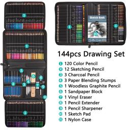 Desenho e Desenho Conjunto de Pintura, Inclui 120 Lápis Coloridos, 12 Lápis Sketch, 3 Charcoal Book, Sharpener, 144pcs - Image 2