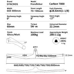 Syncros fibra de carbono mountain bike integrado guiador haste 28.6mm mtb bicicleta guiador em forma única-17 graus 70/80/90/100mm - Image 2