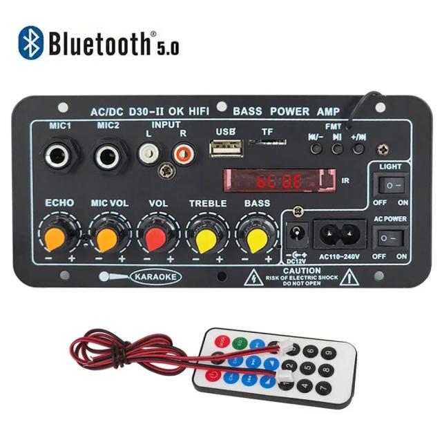 Placa Amplificadora Bluetooth Digital com Subwoofer, Microfone Duplo e Alto-falante para Karaoke - Ideal para Home Theater e Projetos DIY, 12V, 110V e 220V, 30W