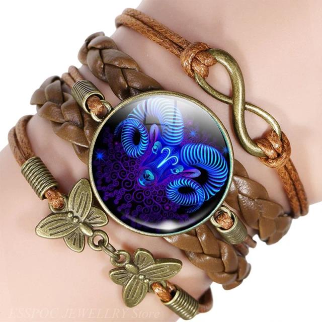 Pulseira de Couro Artesanal com 12 Constelações dos Signos do Zodíaco - Bracelete Punk Unissex para Presentear