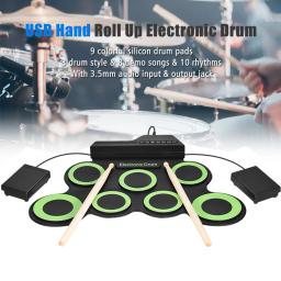 Bateria de Silicone portátil com baquetas e sustentar Pedal, rolo de mão, USB, dobrável, música, Pad, eletrônico, prática - Image 2