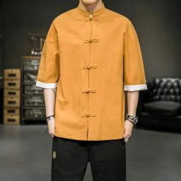Camisa de linho masculina de verão botões manga de cinco pontos tang terno estilo antigo algodão linho hanfu zhongshan terno - Image 3