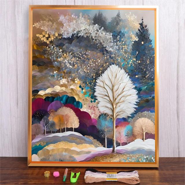 Kits de Artesanato DIY: Bordados em Ponto Cruz e Punch Needle com Acessórios Coloridos e Linha de Algodão para Criar Árvores Abstratas