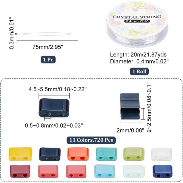 Kit Completo com 720 Peças para Criação de Pulseiras: 11 Cores de Contas de Vidro Retangulares, Agulhas e Elástico Inclusos