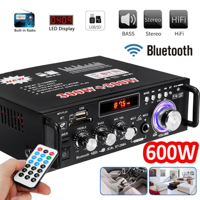 Amplificador HiFi Estéreo Digital 220V 600W Bluetooth com Controle Remoto, USB, SD, FM e Microfone para Carro e Home Theater