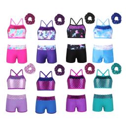 Roupa esportiva de dança feminina, Balança de sereia regata impressa com shorts, balé ginástica, roupas de ginástica, fantasia para crianças, 2 peças - Image 2