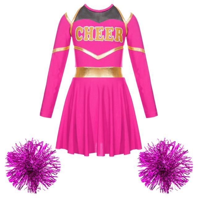 Vestido de Dança para Meninas com Pom Poms: Uniforme de Cheer Leader Extravagante para Performances Infantis