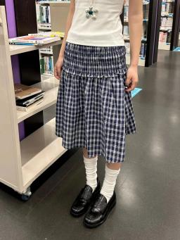Azul marinho xadrez na altura do joelho saia mulher verão babados cintura elástica a linha curto faldas feminino vintage estilo preppy saias doces y2k - Image 1