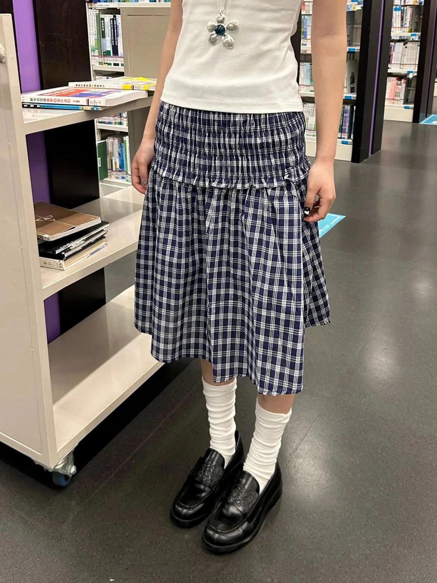 Azul marinho xadrez na altura do joelho saia mulher verão babados cintura elástica a linha curto faldas feminino vintage estilo preppy saias doces y2k - Image 1