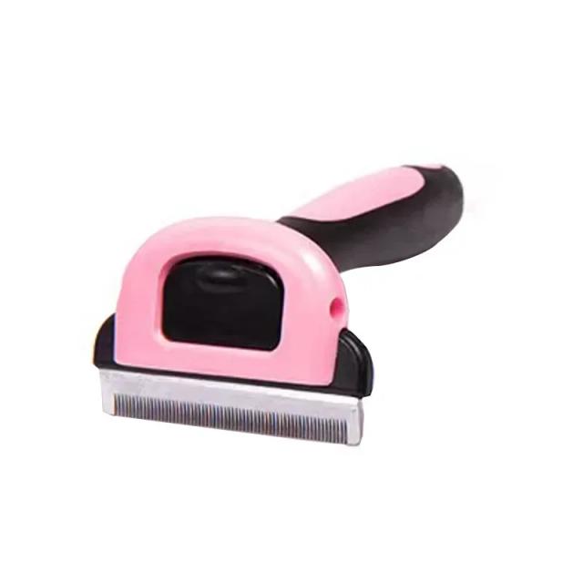 Escova automática para remoção de pelos de cães e gatos, com lâminas de aço inoxidável para grooming eficiente e fácil limpeza