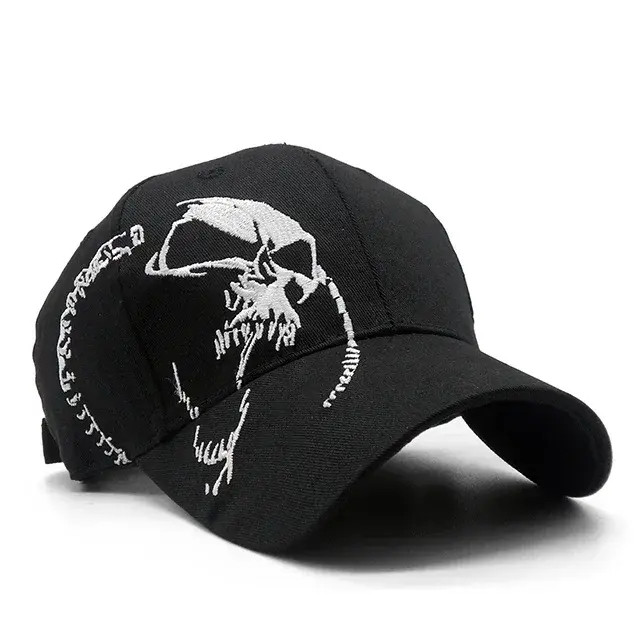 Boné de Beisebol Masculino em Algodão com Bordado de Crânio - Estilo Hip Hop Preto Snapback para Esportes e Moda Casual