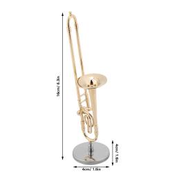 Réplica miniatura do trombone com suporte e estojo, modelo de instrumento banhado a ouro, ornamentos musicais, presente, 15cm - Image 6