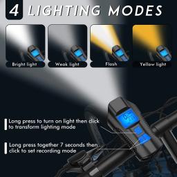 USB recarregável bicicleta luz frontal com chifre, velocímetro à prova d'água, acessórios de ciclismo, mountain bike, 3 em 1 - Image 2