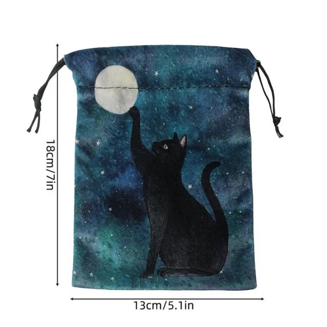Bolsa de Veludo para Armazenamento de Cartões de Tarô com Design de Gato Preto e Cordões