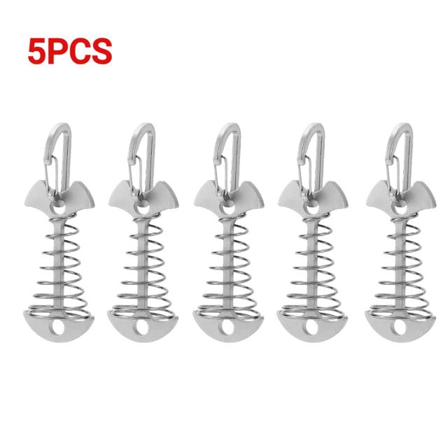 Conjunto Primavera de Pegs Fishbone com Mosquetão para Barraca, Toldo e Acampamento - Opções de 5 ou 10 Peças