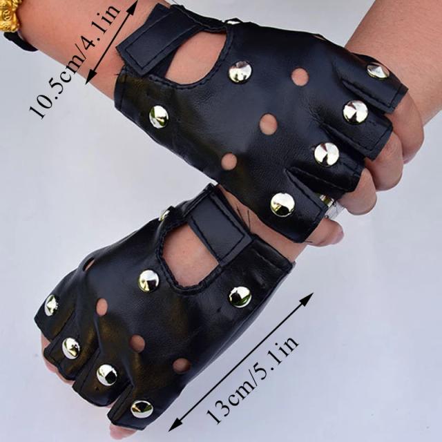 Luvas de couro PU sem dedos estilo rock punk para crianças e adultos, perfeitas para festas e eventos