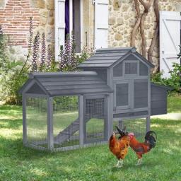 Pequeno galinheiro de madeira, galinheiro, gaiola de aves, quintal ao ar livre com 2 portas, caixa de assentamento e bandeja removível, cinza, 59" - Image 2