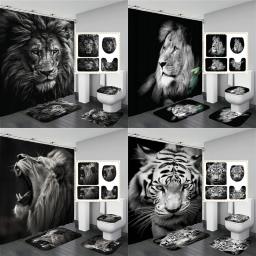 Cortinas De Chuveiro Impressas 3D, Conjunto De Cortinas De Banheiro, Tampa Do Toalete, Tapete De Banho, Tapetes, Animal Preto, Leão, Leopardo e Tigre - Image 1