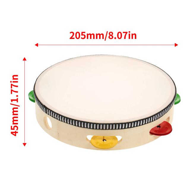 Tambor de Mão de Madeira com Jingles e Pratos de Metal - Conjunto de Percussão Musical Infantil com 6 Peças, 8 Pol