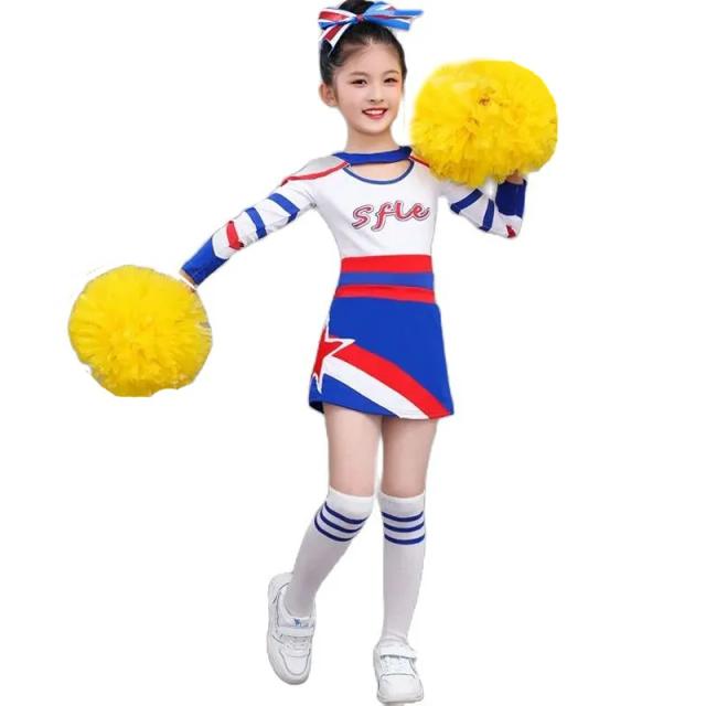 Fato de Torcida Feminino Azul Manga Comprida com Decote Redondo e Pompons para Crianças - Estilo Dance Cheerleader