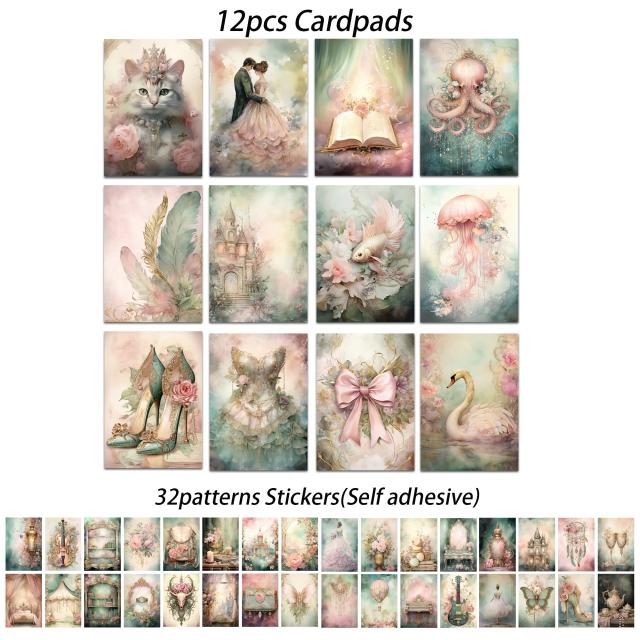 Conjunto de Cartões e Adesivos Rosa para Scrapbooking e Artesanato DIY - 12 Cartões e 32 Adesivos, Total de 44 Peças