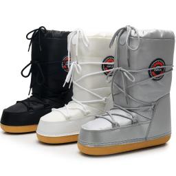 2024 botas de neve de inverno botas de esqui femininas fofo peludo rendas até plataforma de panturrilha média plana com botas de esqui brancas - Image 2