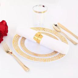 Conjunto de louça descartável dourado elegante, perfeito para festas e casamentos, inclui pratos e talheres, limpeza fácil, 100 pcs - Image 5